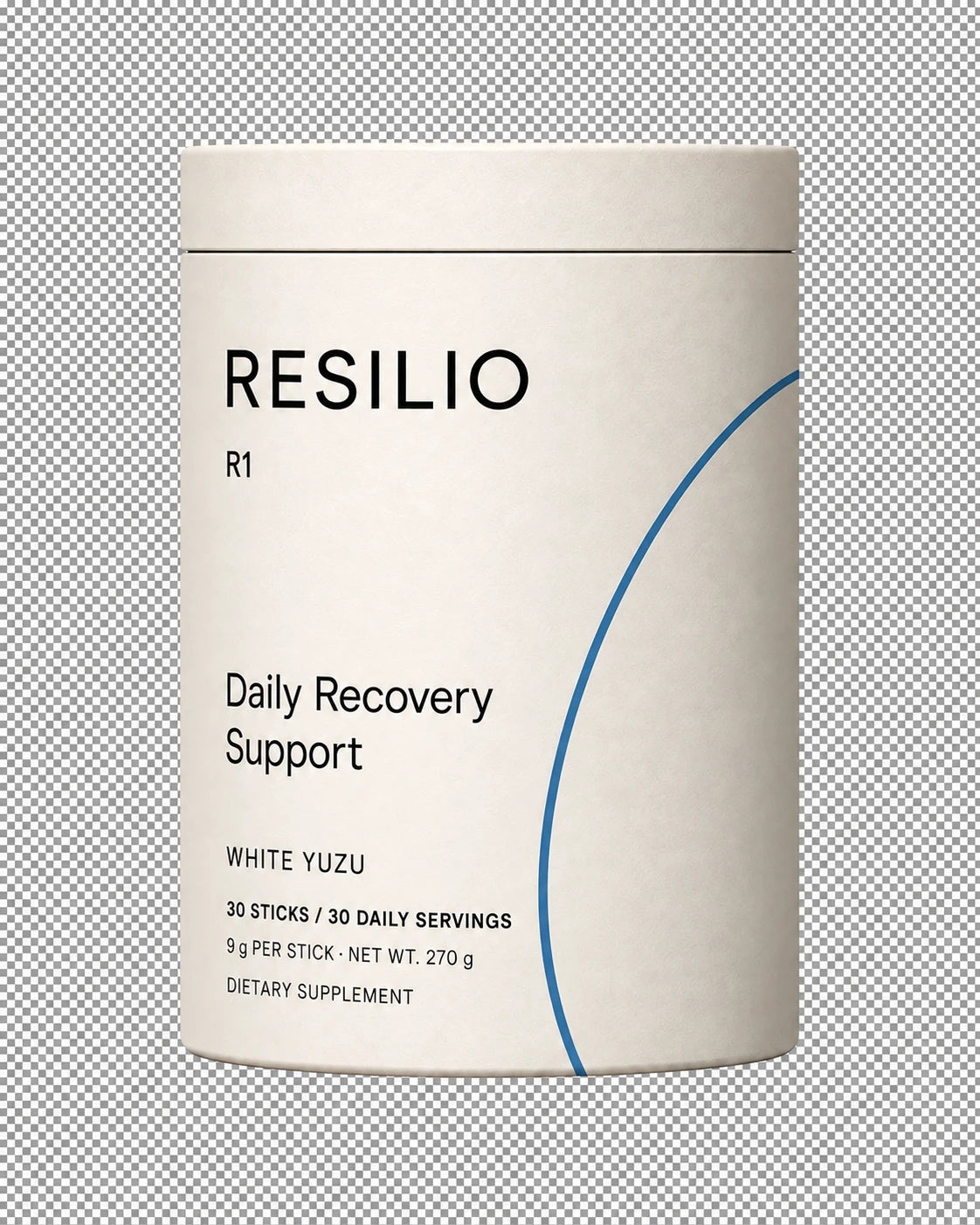 Resilio R1 White Yuzu canister with a blue arc, labeled 30 sticks, 30 daily servings, 9 g per stick and 270 g net weight